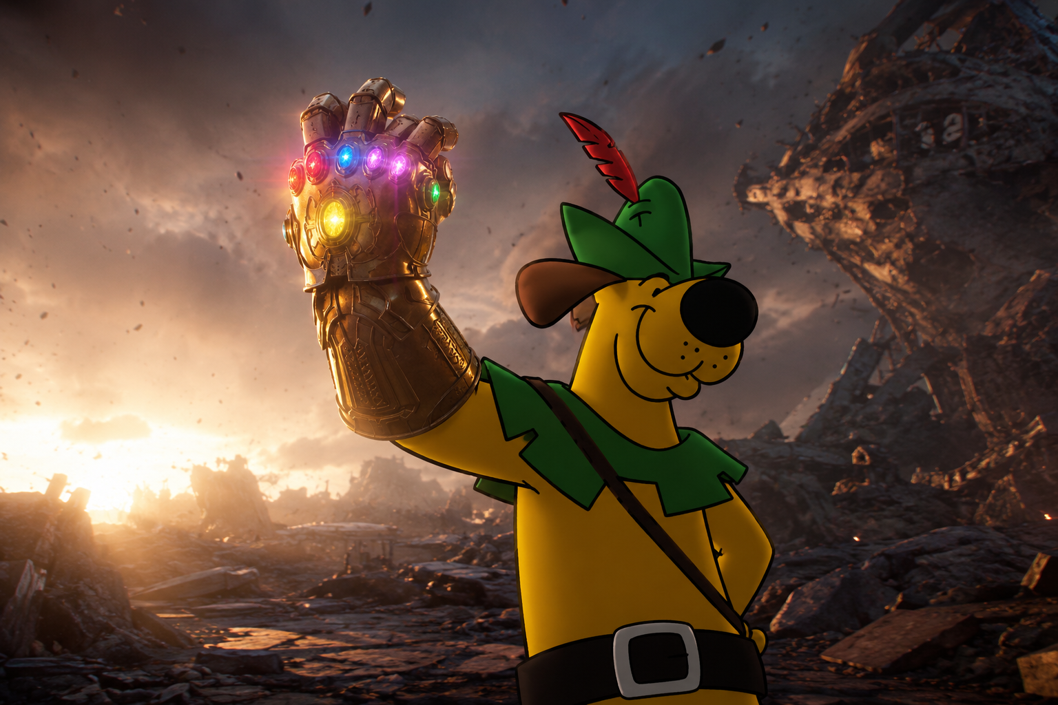 Robin Hoodnik holding infinity gauntlet meme