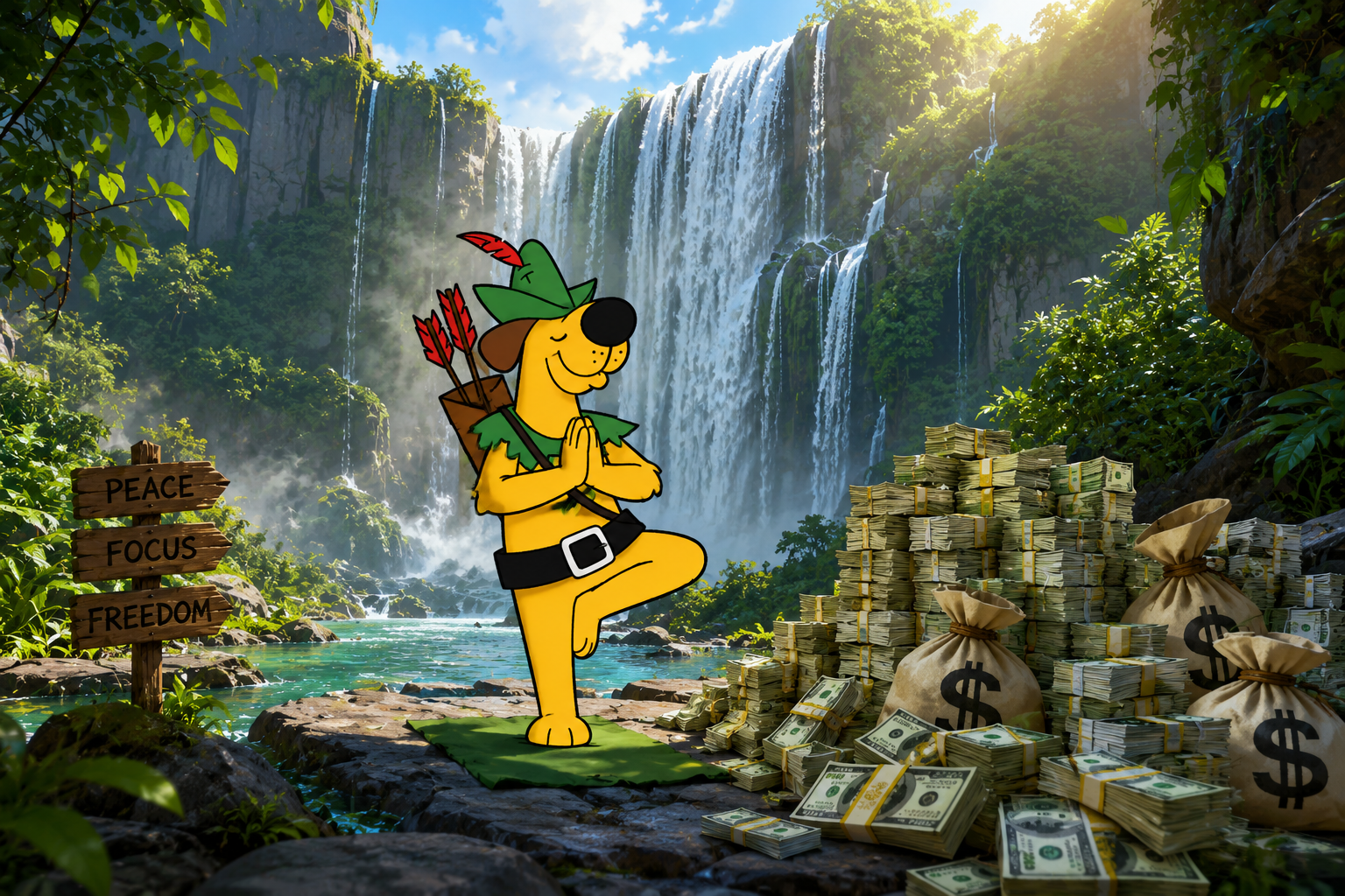 Robin Hoodnik meditating near cash waterfall meme