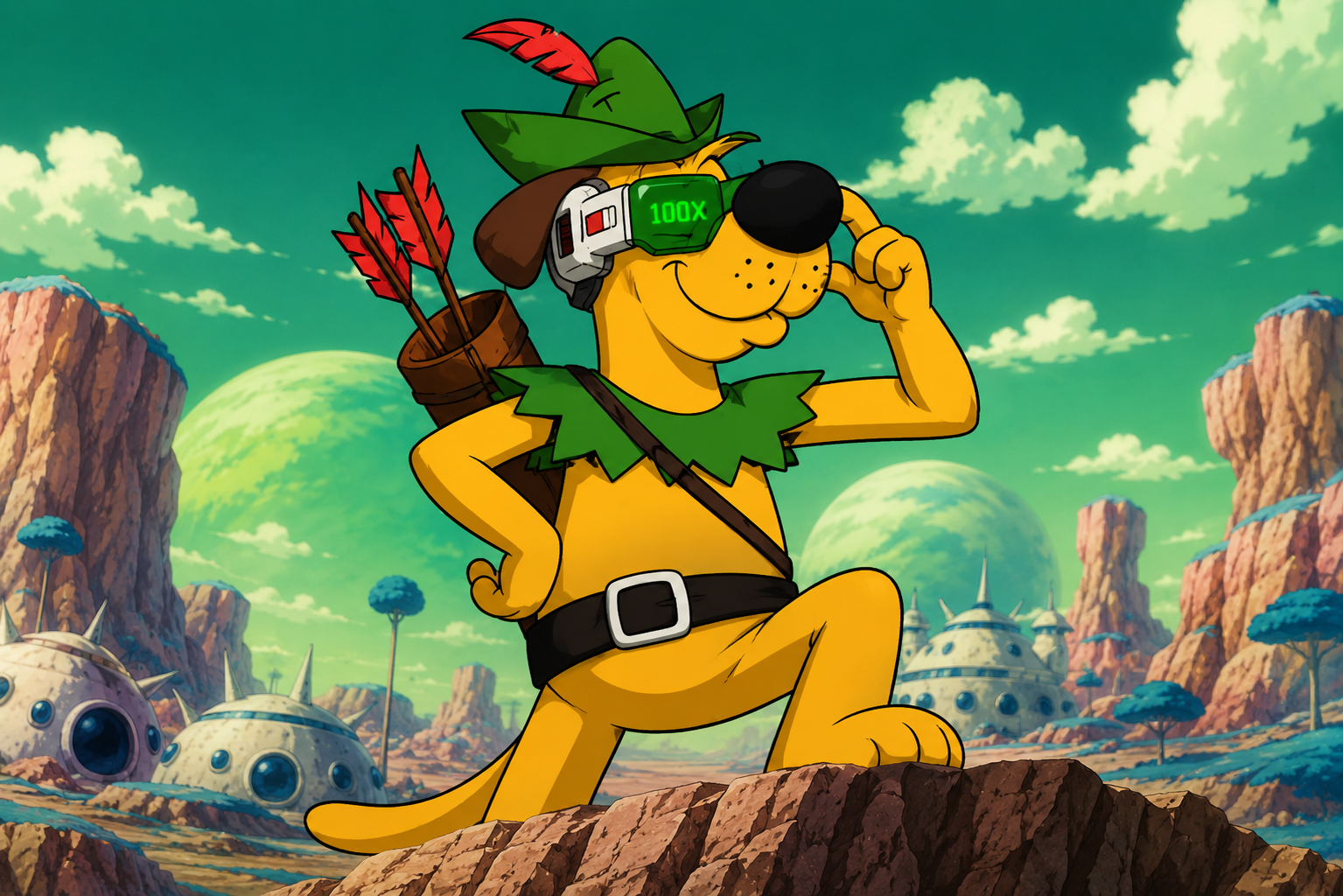 Robin Hoodnik wearing 100x scouter meme