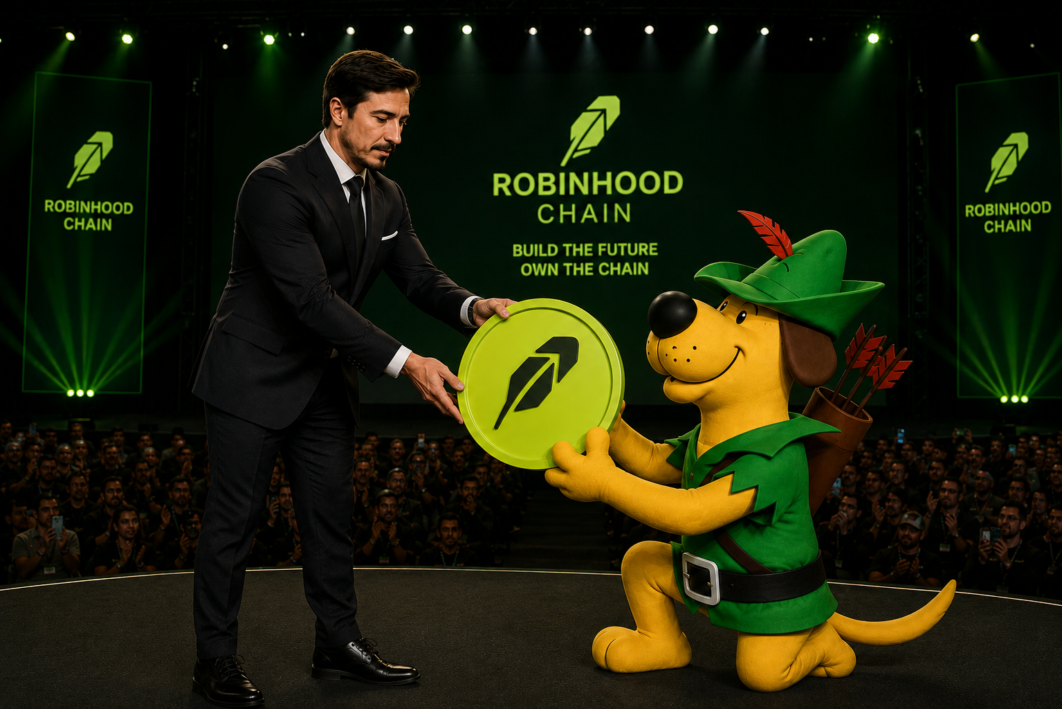 Robin Hoodnik receiving Robinhood Chain coin meme